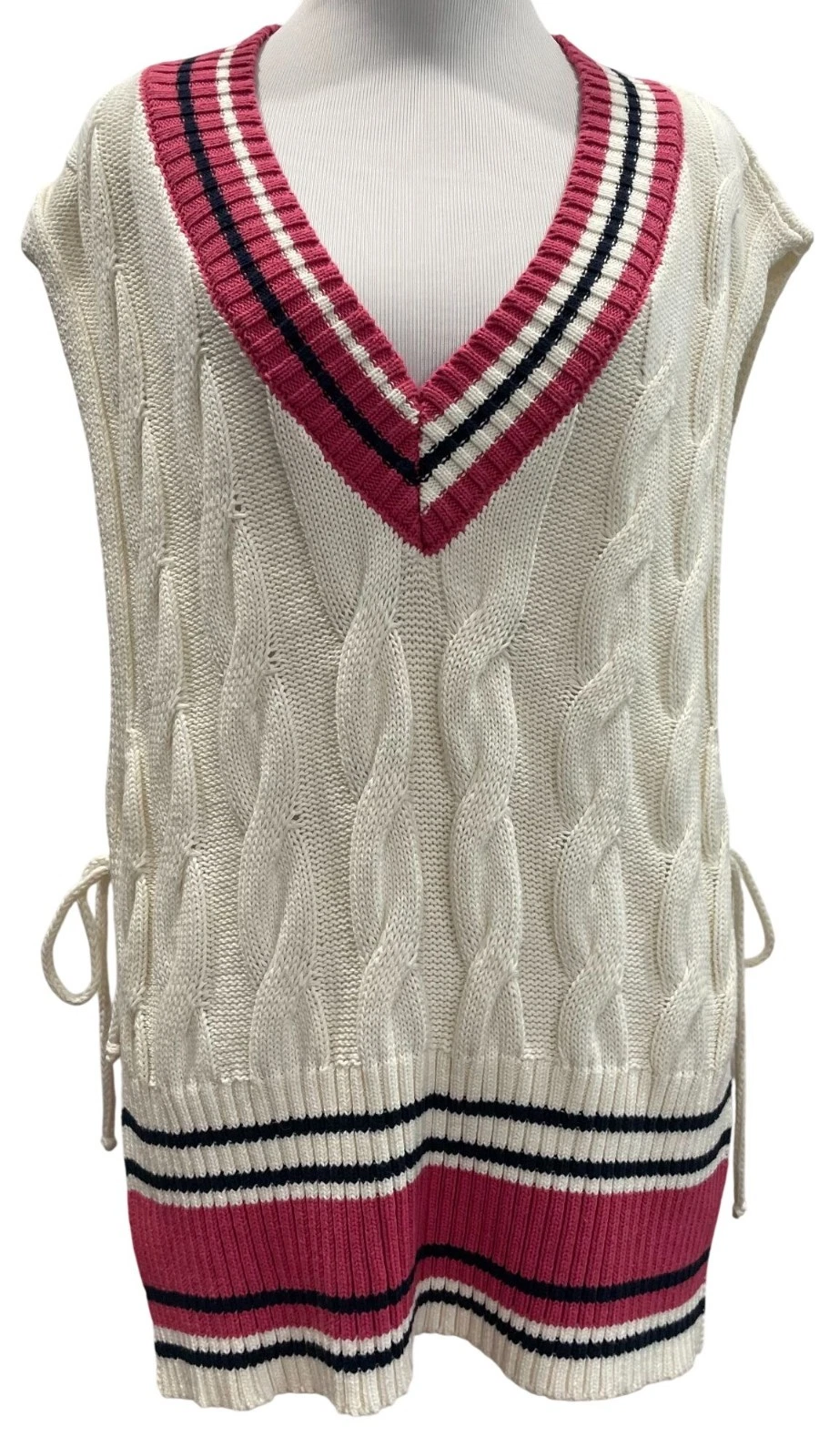 Free People Coastal Prep Poncho Vest OS Ivory Pink Cable Knit Layer Nautical Boh
