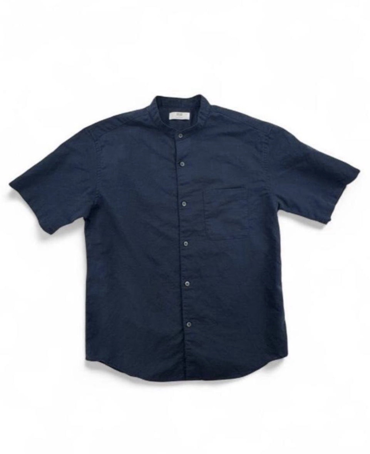 Men’s UNIQLO Navy Blue Linen Cotton Short-sleeve Shirt with a Mandarin Collar S
