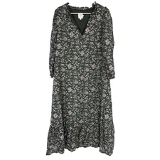 Hatch The Nines Women XL Maternity Floral Midi Dress Green Pink Ruffle Hem Vneck