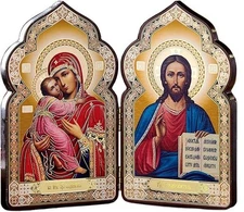 Ornate Virgin of Vladimir and Christ the Teacher Diptych Icon for Decor 7 3/8 In