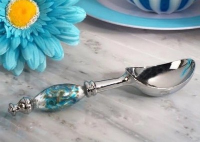 Art Glass Ice Cream Scoop Teal Silver Handle Dessert Spoon Gift NEW