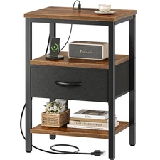Nightstand with Charging Station, Bed Side Table with Adjustable Fabric Drawe...