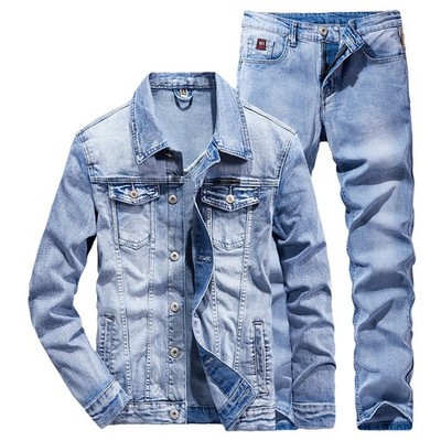 Denim Suit Men Slim Two-piece Sets Jacket Jeans Suit Troures New Coat+Pants Blue