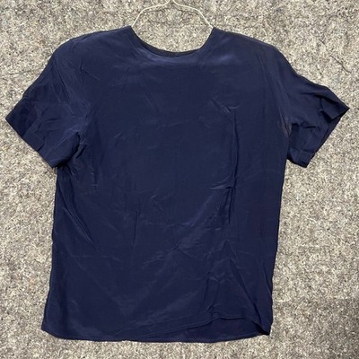 Charter Club Jane Justin Navy Blue 100% Silk Short Sleeve Blouse Size 8 Vintage
