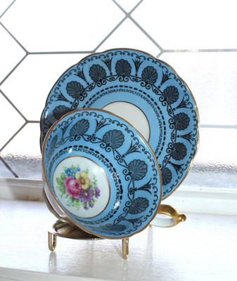 Vintage Royal Bayreuth Blue Cup and Saucer Floral Bouquet Black Art Deco Trim