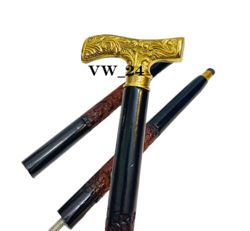 Poignée tête en laiton forme de t marron canne en bois 37" bâton de marche homme & femme cadeau - Photo 1 sur 7