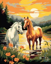 Horses in the Sunset - Printed Needlepoint Canvas - Equines in the Evening Glow