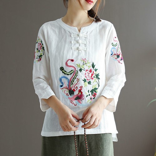 Dama Floral Bordado Camiseta Blusa Prendas para el torso Étnico Algodón Lino Informal Retro Chic - Imagen 5 de 22