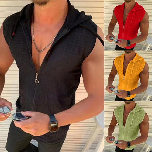 Mens Sleeveless Zip Up Hoodies Vest Solid Sport Gym Fitness Plaid Tank T Shirts - Picture 4 of 18