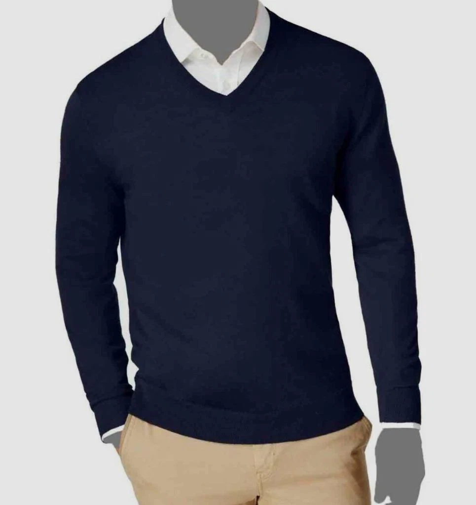 50 Club Room Men s Blue V Neck Merino Wool Long Sleeve Sweater