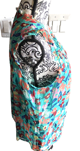 Elle L Blouse Floral Lined Turquoise Sleeveless Top Shirt Lg Large - Picture 3 of 6