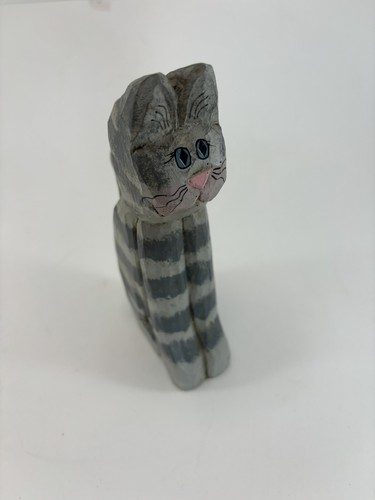 Eddie Walker Wood Carved Folk Art Cat Figurine Grey Striped Handmade 6.5” Tall - Picture 2 of 10