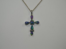 Sterling Silver Inlaid Blue Opal Cross Necklace Artisan Made