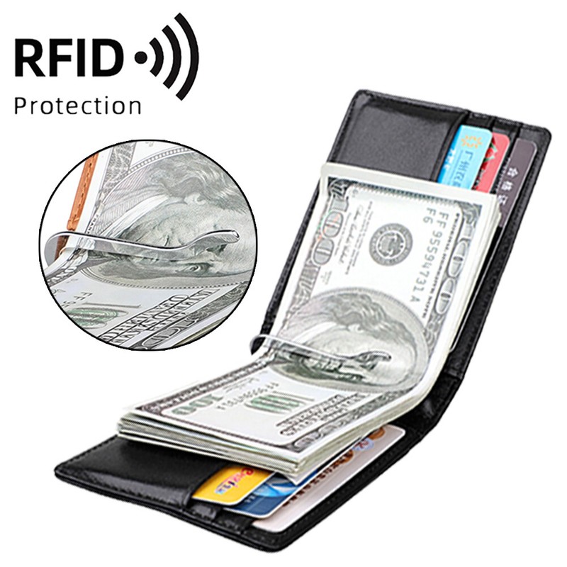 Mens Black Money Clip RFID Blocking Slim Bifold Leather Front Pocket Wallet