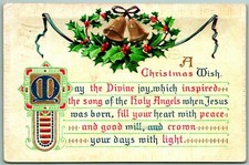 A Christmas Wish Holly Bells Ribbon Divine Joy Embossed 1909 DB Postcard F4
