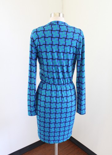 Calvin Klein Blue Green Geometric Print Long Sleeve Faux Wrap Dress Size 2 Black - Picture 5 of 6