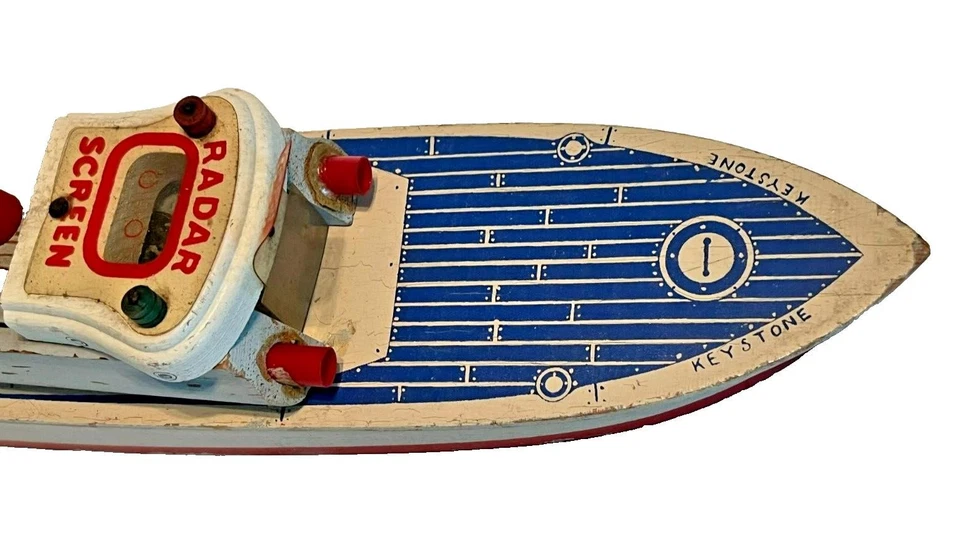 Cohete de radar Keystone de la Marina de los Estados Unidos con pantalla de radar barco de juguete de madera años 50 Foto 3 de 4