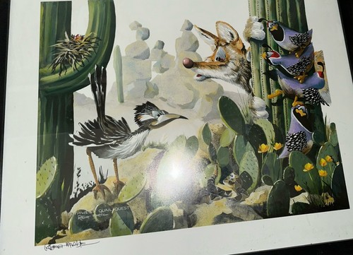 Signierte Robert Marmor gerahmte Lithographie Southwest Quail Quest 15"x12" Wüstenstraße