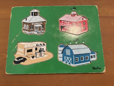 RARE SIFO Wooden Puzzle SCHOOL HOUSE FIRE STATION GAS STATION Barn VG FS