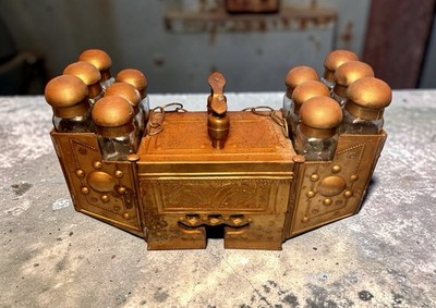 Antique Ornate Turkish Shoe Shine Box Copper Wood Rex Boot Cream