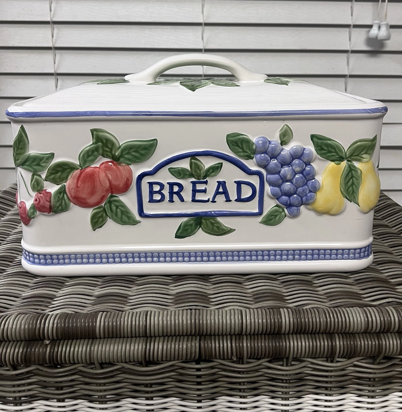 Rectangular Ceramic Bread Box Fruit & Berries Portugal Ceramic Vintage 1996