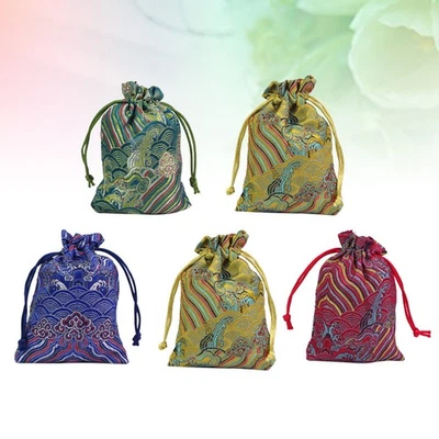5 Pcs Small Cotton Brocade Drawstring Bags Jewelry Gift Pouch Storage Bags - Image 1 of 4