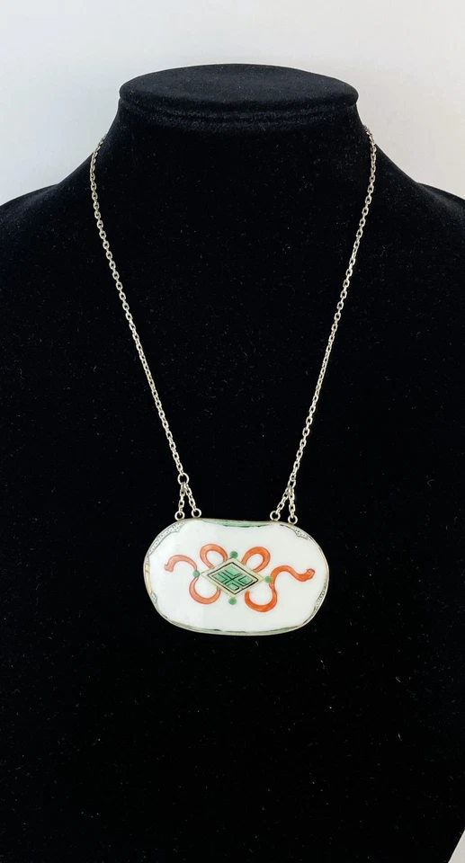 Collar colgante de porcelana pintado a mano vintage de exportación china FIRMADO 21" Foto 2 de 4