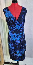 Chaps Women Sz L Blue Wrap Sheath Midi Dress Floral Print Sleeveless Casual F950