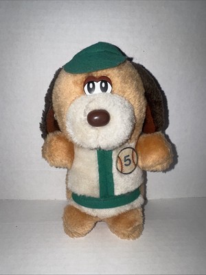 Vintage ETONE Baseball Dog Plush Green Hat #5 Sports Stuffed Animal 90s Toy RARE