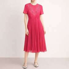 ASOS Lace And Pleat Skater Midi Dress Hot Pink Romantic Chiffon Women’s Size 4