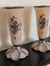 Pair Cambridge Glass Vases SEAHORSE design. Vintage 1930's