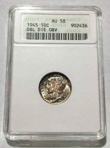1945 Mercury Dime DBL DIE OBV ANACS AU58 Rainbow Toned Vintage Soap Box Slab