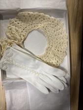 Vintage Handmade Cotton Crochet Dress Collar W/Ties And White Gloves For Child