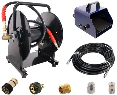 Scheiffer Sewer Jetter Kit - Foot Pedal Hose Reel 1/4'' x 150' Hose and Nozzles