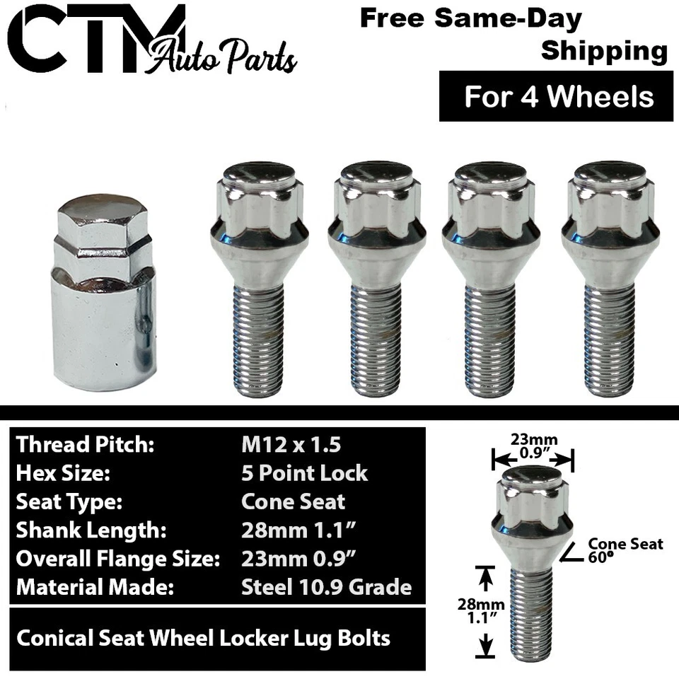 16x Chrome 12x1.5 Cone Seat Lug Bolt + Wheel Lock Set Plus Socket For All 4Wheel - Image 3 of 4