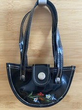 Vintage Mini Vinyl Purse Black Embroidered Flowers Made In Taiwan