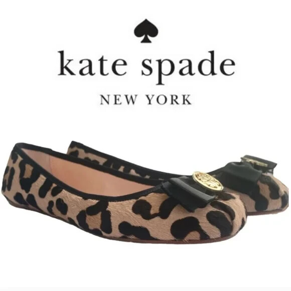 Kate Spade Leopard Ballet Flats Size Fontana Too Calf Hair Black Bow Shoes