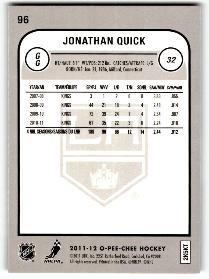 Jonathan Quick 2011-12 O-Pee-Chee Rainbow #96 Los Angeles Kings - Image 2 of 2