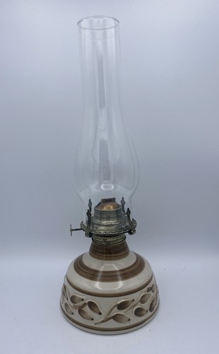 Vintage Lamplight Farms Ceramic Base Oil Lamp Beige/ Brown Leaves W/Chimney