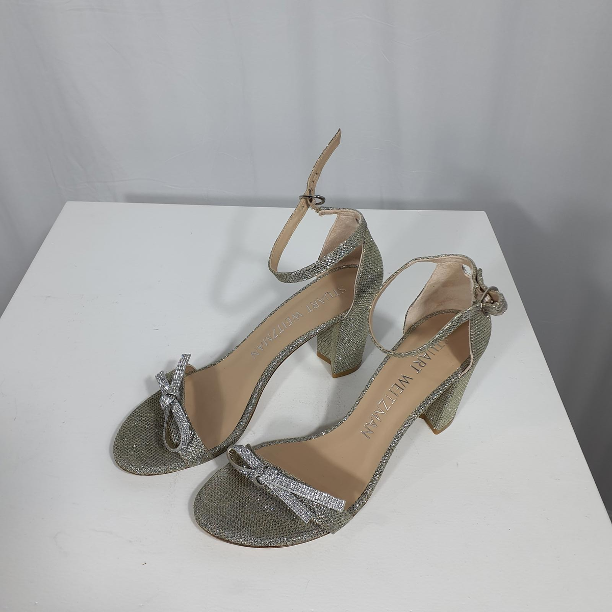 Stuart Weitzman Nearlynude Bow Silver Metallic Ankle-Strap