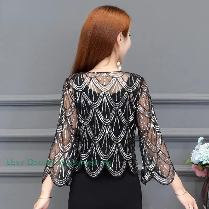 Silver Shrugs For Evening Dresses TiaoBug Women Vintage Hollow Lace Bolero  Cardigan Sequins Cape Evening Party