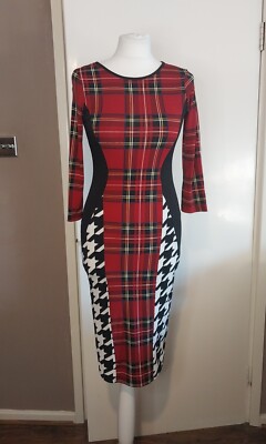 River Island tartan dogtooth red panel bodycon midi pencil dress 6/8  UK