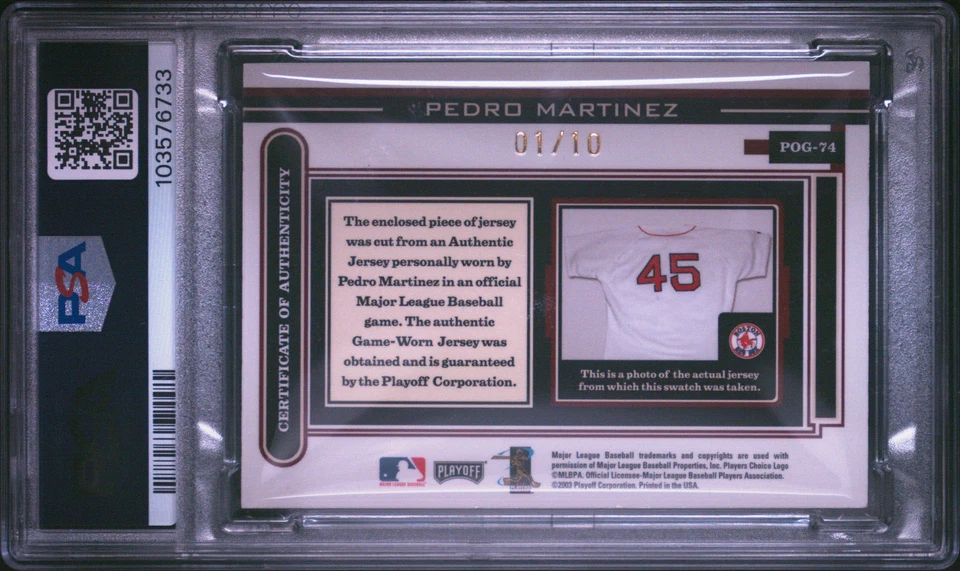 Camiseta de playoff de 2003 pieza del juego automática #74 Pedro Martinez SP #1/10 PSA POP 1 Foto 2 de 2