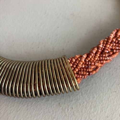 Vintage Beaded Statement Necklace Collar Bib Chunky Choker Artsy Brass Metal - Picture 5 of 11