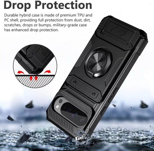 For Google Pixel 9 PRO XL Case Ring Shockproof Phone Cover Card Holder Black - Zdjęcie 5 z 11