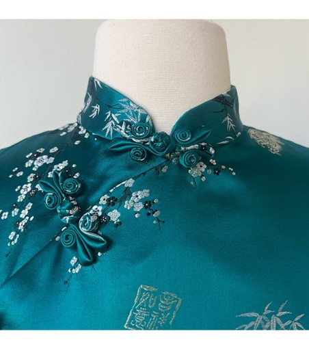 Vintage Cheongsam Forest Green Satin Maxi Dress 1960’s Oriental Satin Dress - Picture 4 of 11