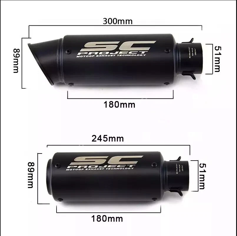 Slip-on 51mm Universal Motorcycle Exhaust Muffler Pipe Tail Tips Black/Silver - Image 2 of 4