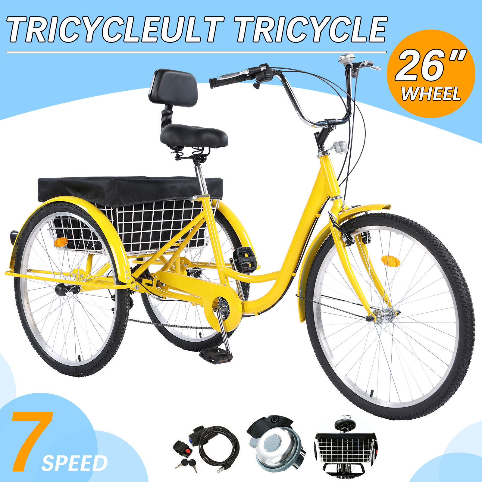 Adult Tricycle Three Wheel Trike Bike Cruiser 7 Speed 26&Prime; w/ Cargo Basket Yellow