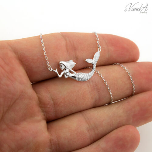 Sterling Silver 925 Mermaid Necklace Shiny Sea Creature CZ Pendant Necklace N68 - Picture 1 of 5