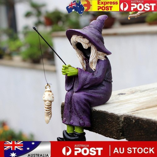 Resin Fishing Witch Skeleton Statue Mini Witch Sitting Figurine Fish